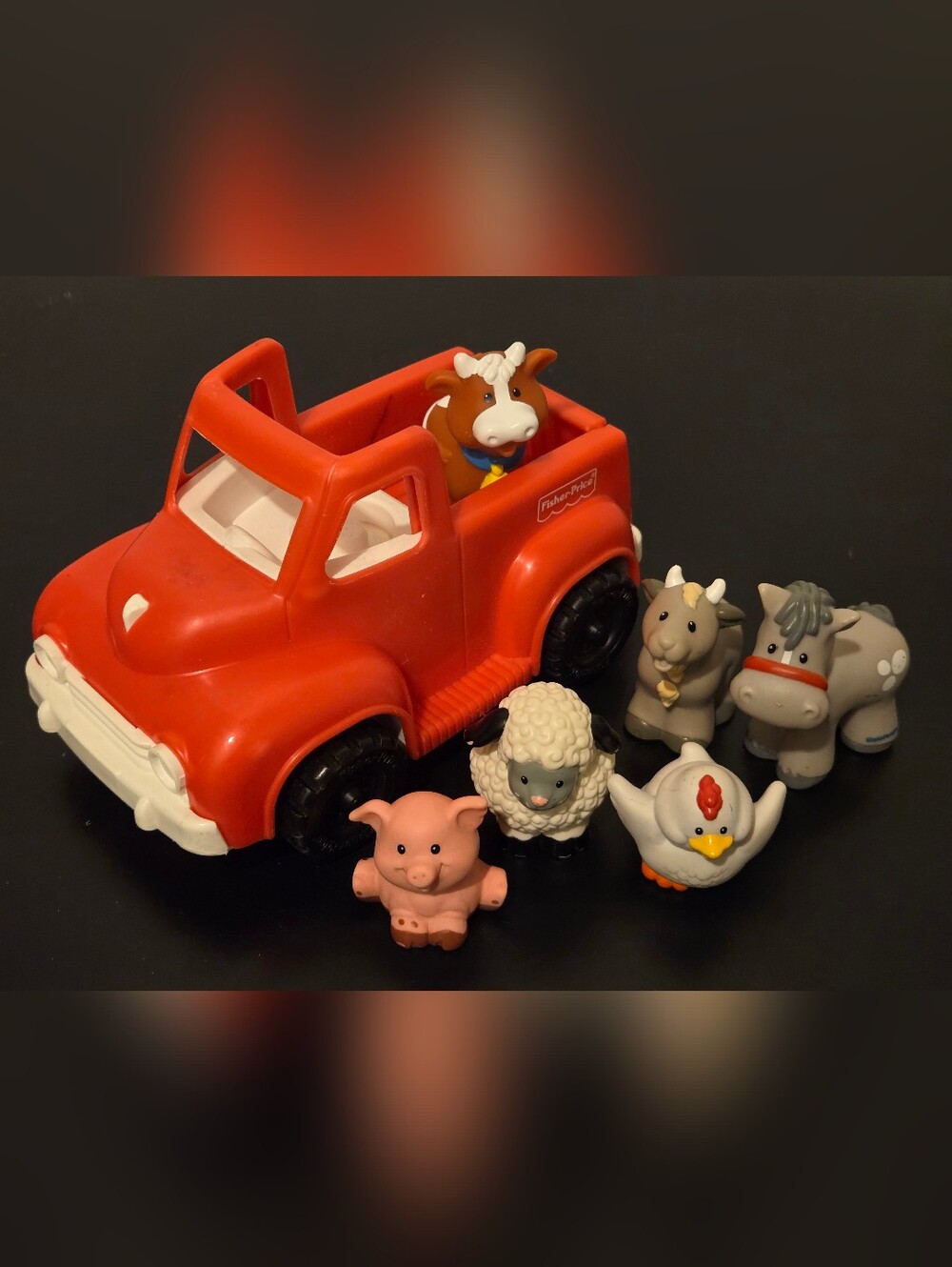 Vintage Little People Old Red Ford Farm Truck & Aninals